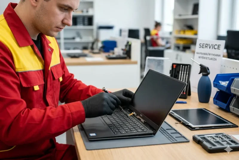 Serwisant naprawia laptop Dell, otwarta obudowa z widoczną płytą główną w Warszawie
